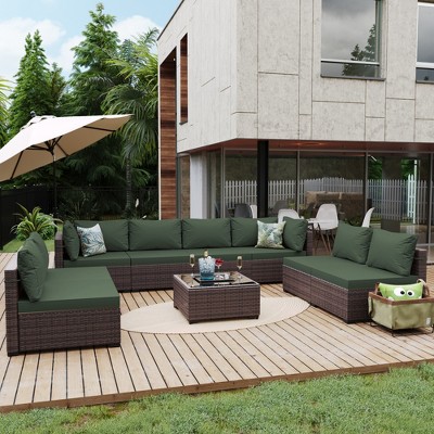 UPHA 9-Piece Brown Rattan Patio Sofa Conversation Set with Cushions