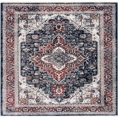 Navy and Red Medallion Square Synthetic Area Rug
