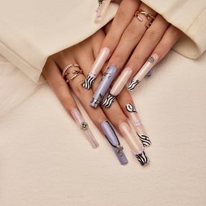 YEVYO Press on Nails Extra Long Coffin - French Rhinestone Bling Glossy for Women and Girls On Fake Nails - Nude - 10 Pcs - 1 of 4