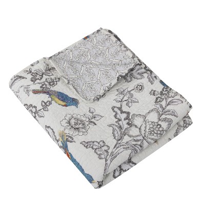 French Toile Inspired Reversible Cotton Quilted Throw in Grey