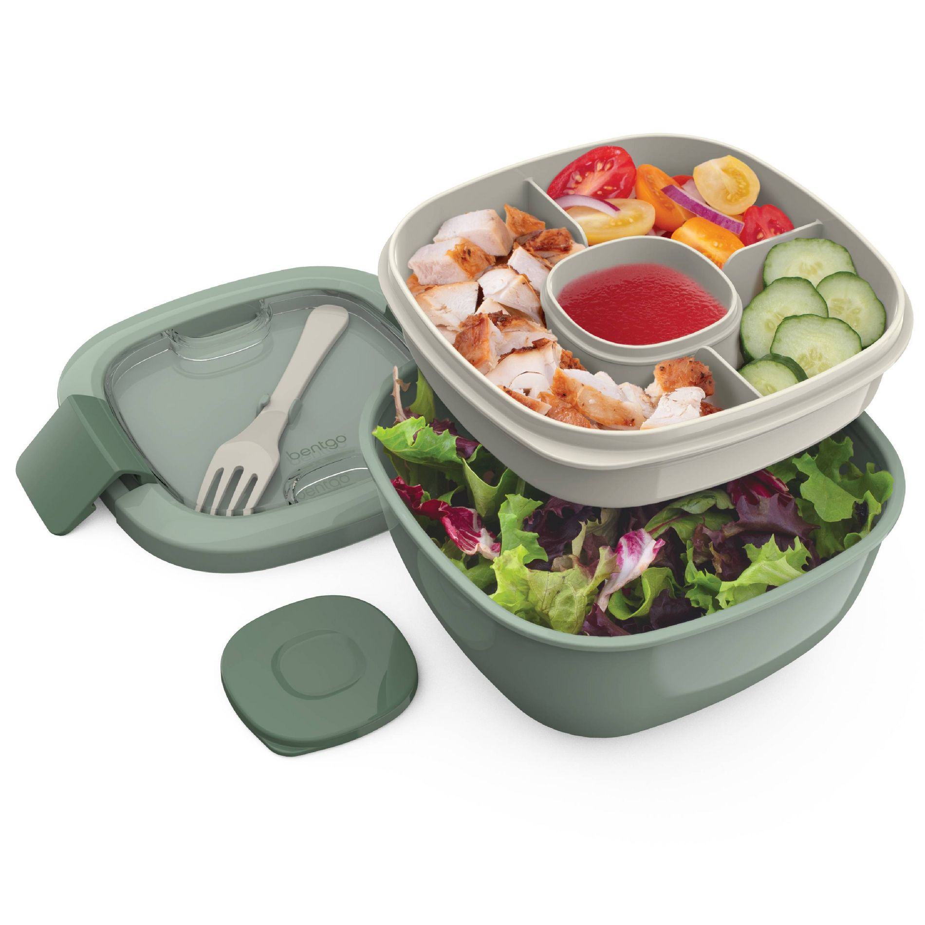 Bentgo Salad Stackable Lunch Container with Large 54oz Bowl, 4-Compartment Tray & Built-In Fork - Khaki Green