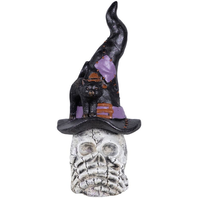 Northlight 22.75" Skull in Witch Hat with Black Cat Halloween Decoration, 1 of 9