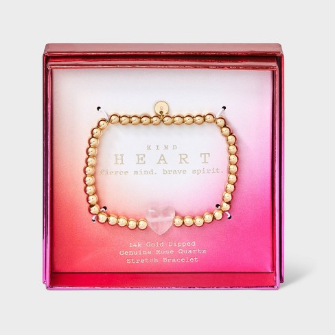 14k Gold Dipped Rose Quartz Heart Stone Beaded Stretch Bracelet