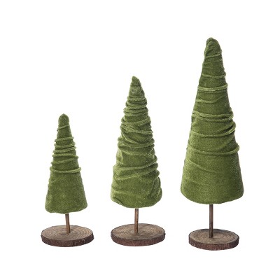 Transpac Fabric 12.6 in. Green Christmas Velvet Tree on Base Set of 3