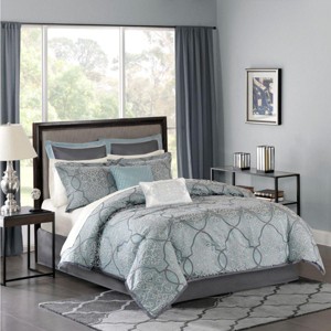 Sapphtopaz King Size Comforter Set 12 Piece Bedding Comforter Set Woven Jacquard Fabric Cotton Geometric Prints Quilt Set with Bed Sheet, Blue - 1 of 4