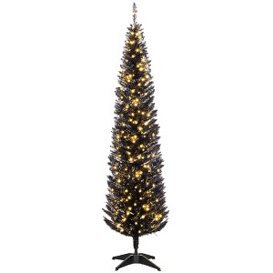 HOMCOM 7' Tall Pre-Lit Slim Noble Fir Artificial Christmas Tree with Realistic Branches, 250 Warm White LED Lights and 499 Tips, Black - 1 of 4