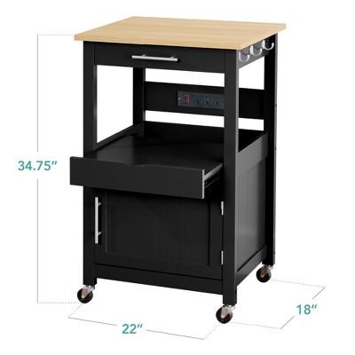 Onyx Black Engineered Wood Kitchen Cart with Storage and Wheels
