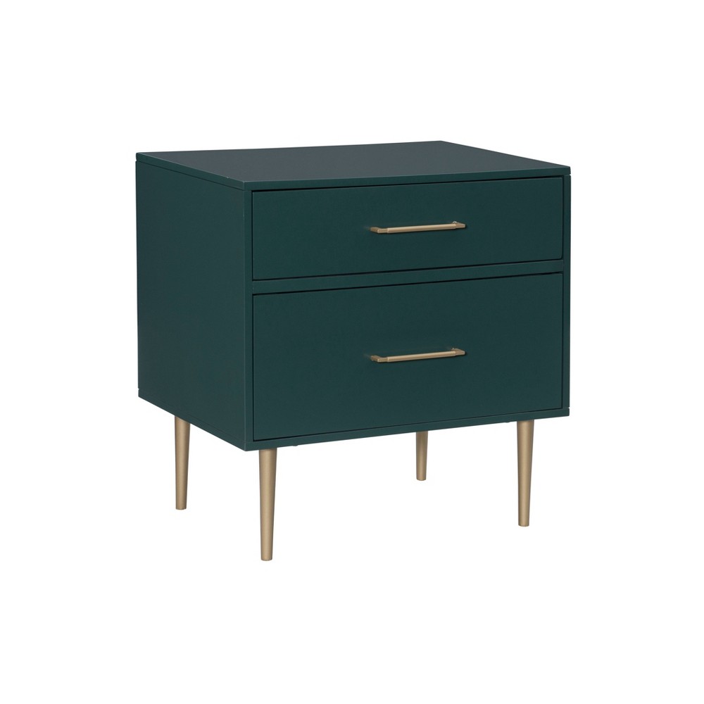 Gloria Modern Mixed Material 2 Drawer Nightstand Dark Green with Gold Accents - Linon: Mid-Century Style, MDF, Metal Hardware