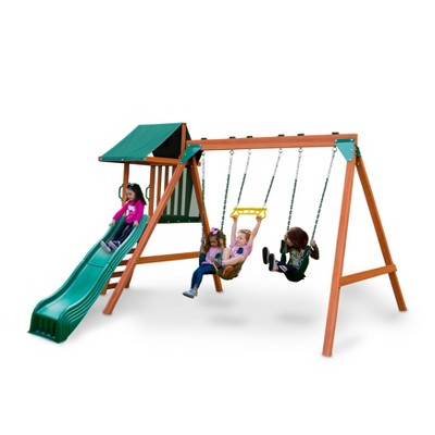 NEW TP Round Wood Multi Play Centre 2 Seater Swing Slide Outdoor Kids Seesaw Set 