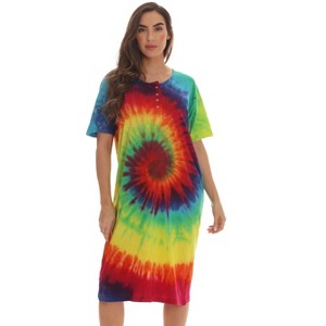 Just Love Womens Nightgown - Tie Dye Short Sleeve Henley Oversized Sleepwear Gown - 1 of 3