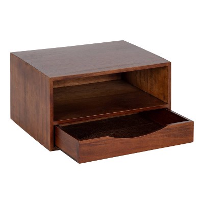 Walnut Brown Floating Wall Shelf with Drawer, 12.5" x 10" x 7"