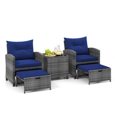 Tangkula 5 PCS Rattan Furniture w/ 2 Ottomans & Tempered Glass Coffee Table Patio