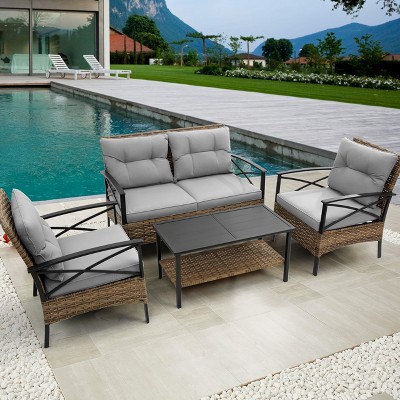 4pcs Outdoor Rattan Seating Group, Patio Conversation Chat Set With Removable Cushions -ModernLuxe