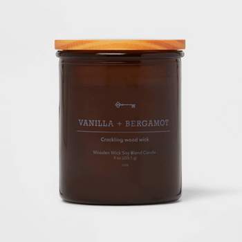 Amber Glass Vanilla + Bergamot Lidded Wooden Wick Jar Candle 9oz - Threshold™