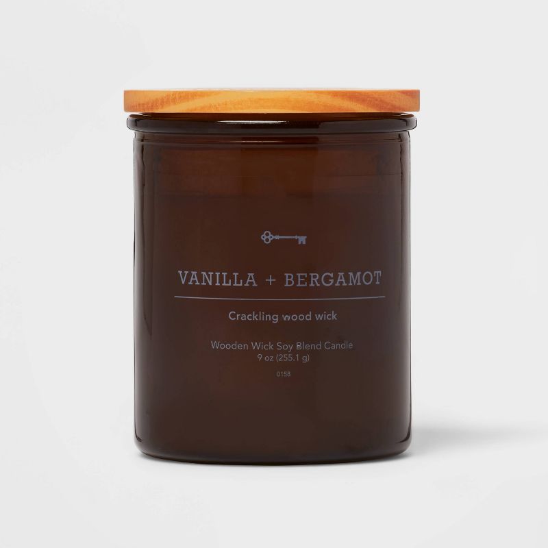 Amber Glass Vanilla + Bergamot Lidded Wooden Wick Jar Candle 9oz - Threshold&#8482;, 1 of 4