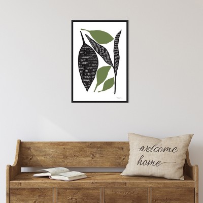 Modern Black and Green Leaf Canvas Print with Black Frame 16 x 23 Inches