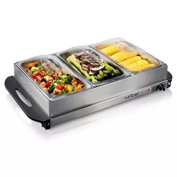 Nutrichef PKBFWM33 Electric 3 Tray Cool Touch Portable Stainless Steel Buffet Server Hot Plate Food Warmer with Rotary Temperature Control Knobs