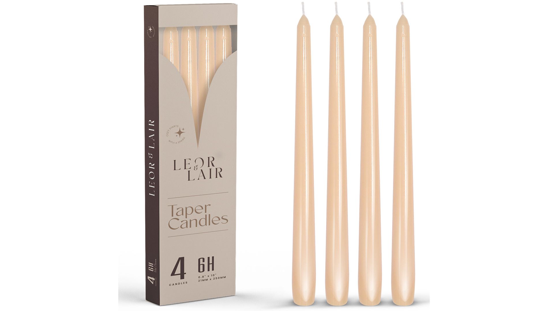 Leor & Lair 10" Taper Candles - 4 Pack - Unscented Tapered Candlesticks for Dinner, Home, and Holiday