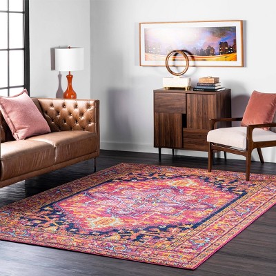 Vonda Pink and Orange Synthetic Round Area Rug, 5' Diameter
