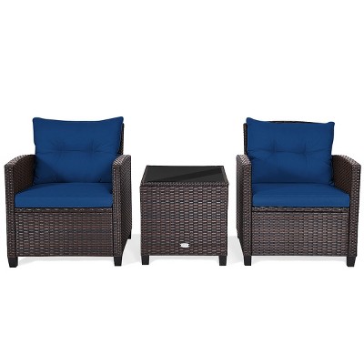 Tangkula 3PCS Wicker Cushioned Conversation Set Outdoor Rattan Furniture w/Beige/Red/Black/Navy/Off White/Turquoise  Cushions