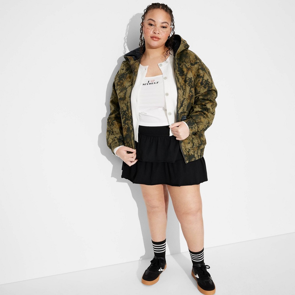 Women's Hooded Canvas Jacket - Wild Fable™ Green Camo 2X: Midweight Bomber with Front Pockets, Knit Construction, Machine Washable