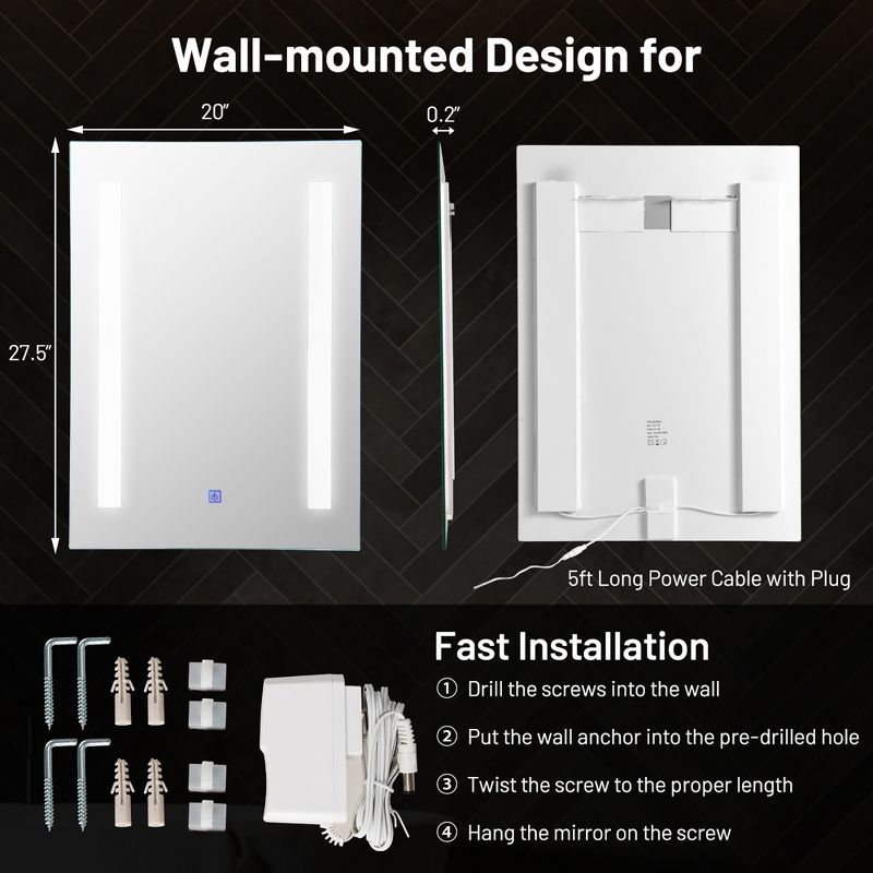 Costway Bathroom LED Mirror Wall-mounted 3-Color Dimmable Touch Button 27.5” x 20”, 3 of 10