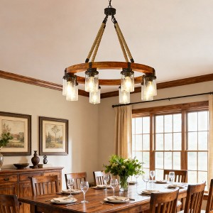 GDFStudio Rian Rustic Wooden Wagon Wheel Chandelier Ceiling Light with Seeded Glass Shade and Adjustable Chain - 1 of 4
