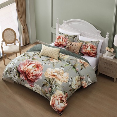 Blush and Sage Floral Queen Cotton Reversible Comforter Set