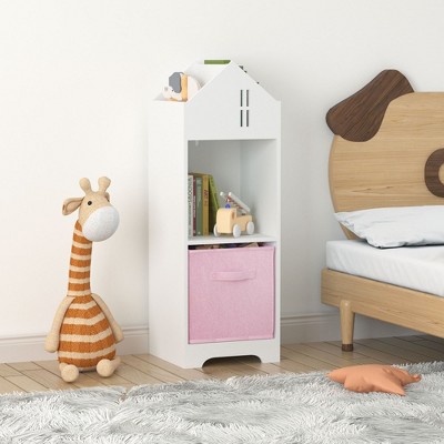 Kids Dollhouse Bookcase with Storage, 2-Tier Storage Display Organizer, Toddler Bookshelf with Collapsible Fabric Drawers for Bedroom, Playroom Grey