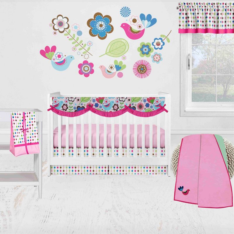 Bacati - Botanical Floral Birds Pink Multicolor 6 pc Crib Bedding Set with Long Rail Guard Cover, 1 of 12