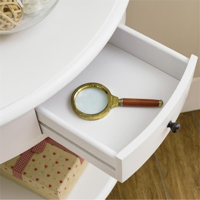 White Triangular Solid Wood Corner Table with Storage Drawer