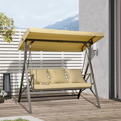 Khaki Metal 3-Seat Patio Swing Chair with Adjustable Canopy