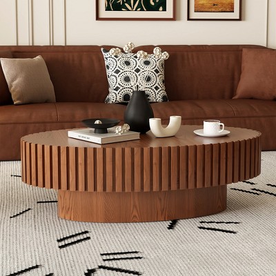 Vynxaria Oval Coffee Table Handcrafted Relief Sturdy Pedestal Wooden Olive-Shaped Tea Table for Living Room