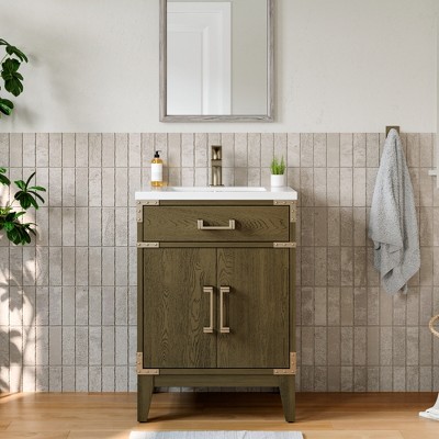 HBEZON 24''W Bathroom Vanity with Integral Resin Sink, Freestanding Modern Bathroom Cabinet with Soft Close Door, Rubber Wood, Gray