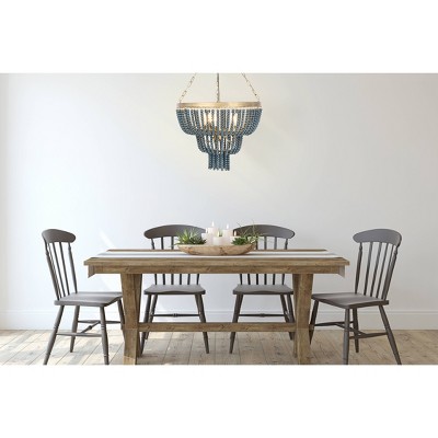 Blue Wood Bead 2-Tier Chandelier with Brass Accents