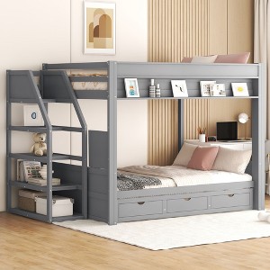 NicBex Full Size Bunk Bed Convertible Design Pine Frame Bed Frame with Storage Stairs, Drawers and Guardrails, No Box Spring Required - 1 of 4
