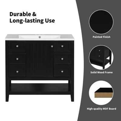 Vanity features icons: Painted Finish, Solid Wood Frame, High-quality MDF Board