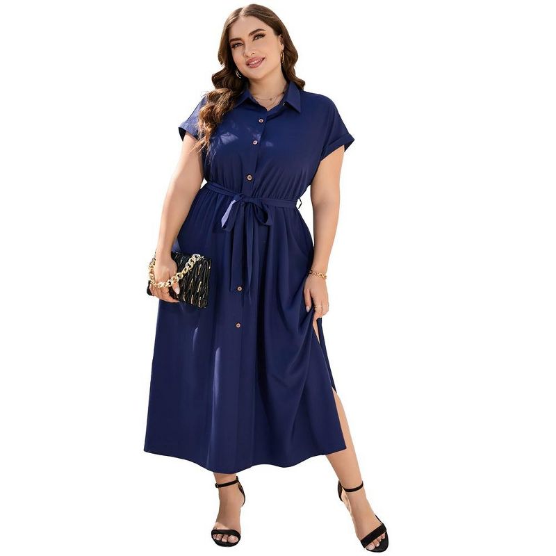 Plus Size Maxi Dresses for Women Summer Tie Belt Work Polo Dress Business Casual Button Down Dress, 1 of 7