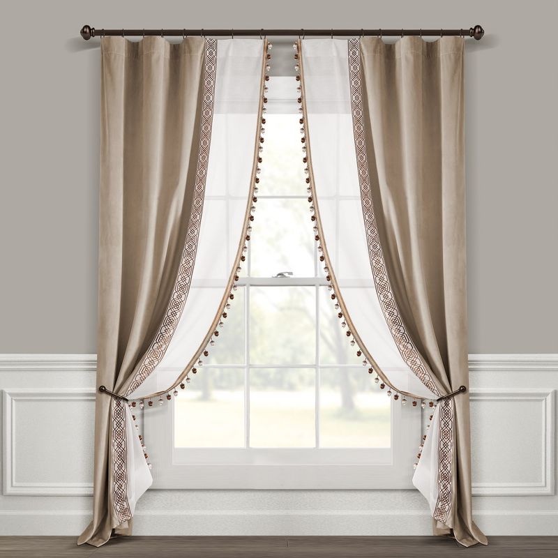 Luxury Vintage Velvet And Sheer WithBorder Pompom Trim Window Curtain Panel Taupe/Ivory Single 42X84, 2 of 7