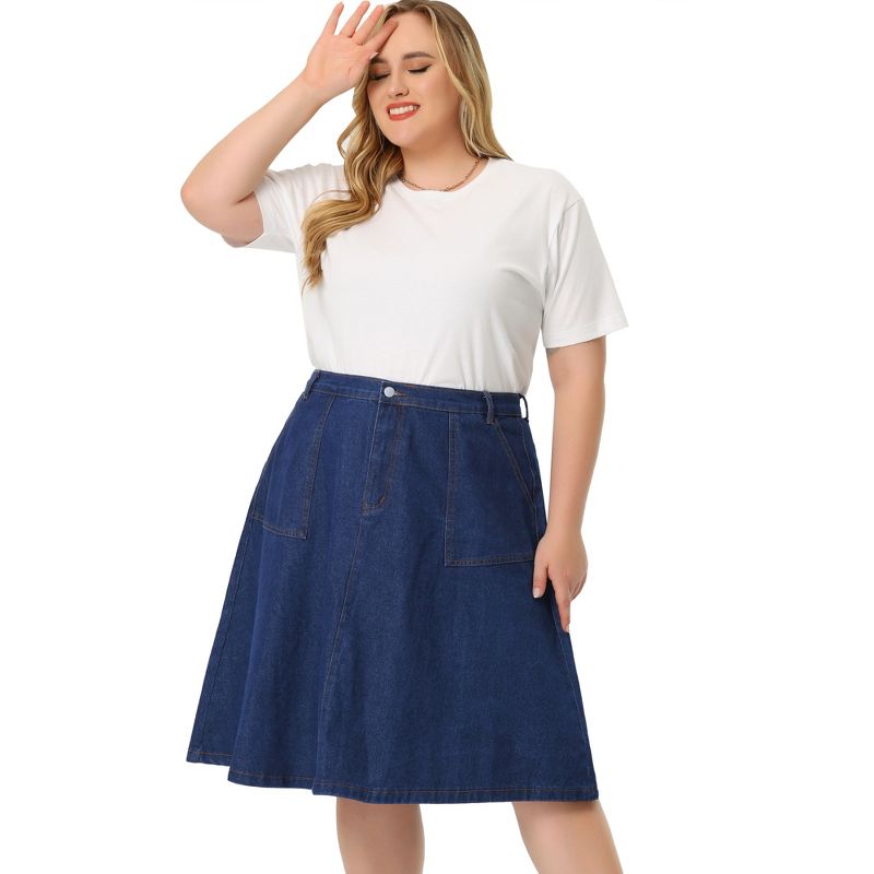 Agnes Orinda Women's Plus Size Button Down Casual A-Line Pockets Midi Jean Skirts, 3 of 6