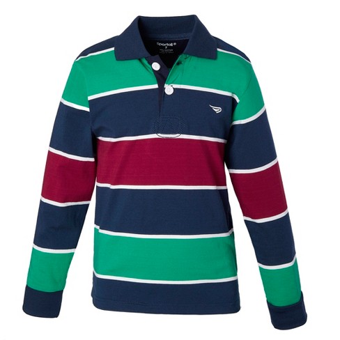 Sportoli Boys Cotton Striped Long Sleeve Polo Rugby Shirt -  Burgundy/green/navy - Size 18 : Target