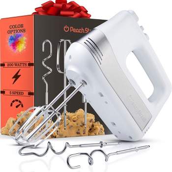 Peach Street Kitchen Hand Mixer, 200 Watts, 5 Speed Food Handheld, with Turbo Button, Dough, Whisk, Beater Attachments, Bin, for Dough, Eggs, Batter