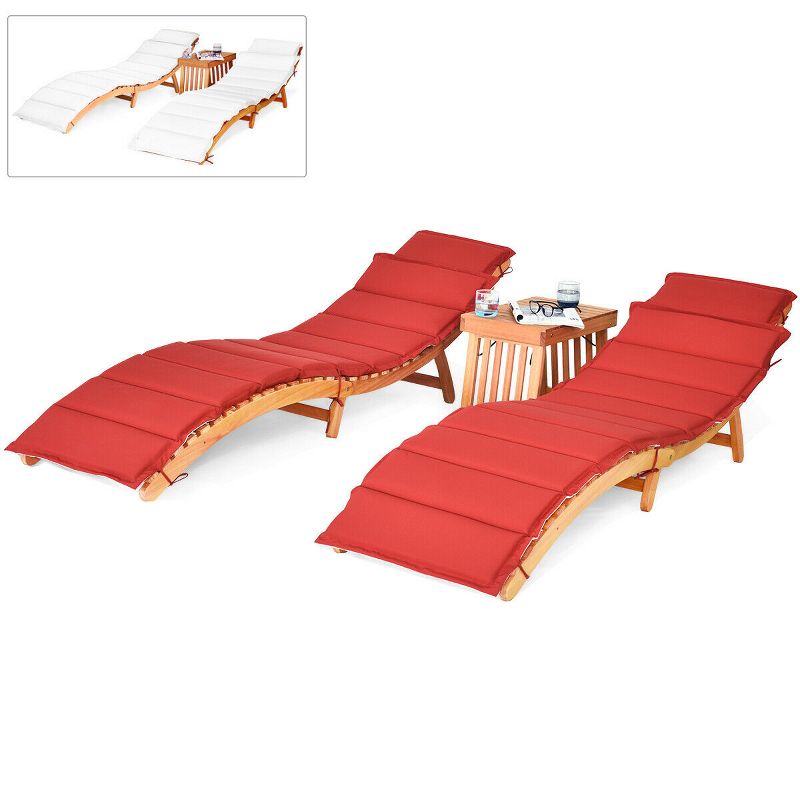 Tangkula 3 PCS Folding Eucalyptus Lounge Chair & Table Set w/ Double-sided Cushion, 4 of 10