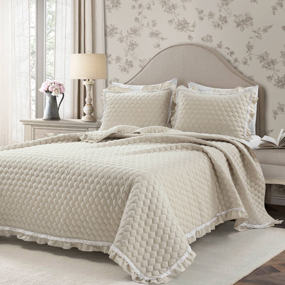 Photos - Bed Linen 3pc Full/Queen Ella Lace Ruffle Quilt Set Neutral - Lush Décor