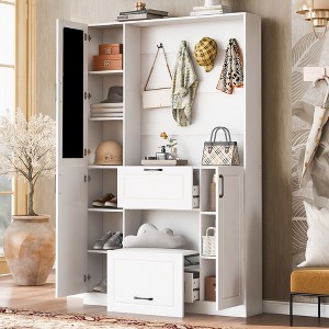 Kumasinova 51"/55" Hall Tree with Shoe Storage&Mirror Door,3/4-in-1 Entryway Coat Rack with 4 Hooks,Clothing Rack with 2 Drawers for Living Room - 1 of 4