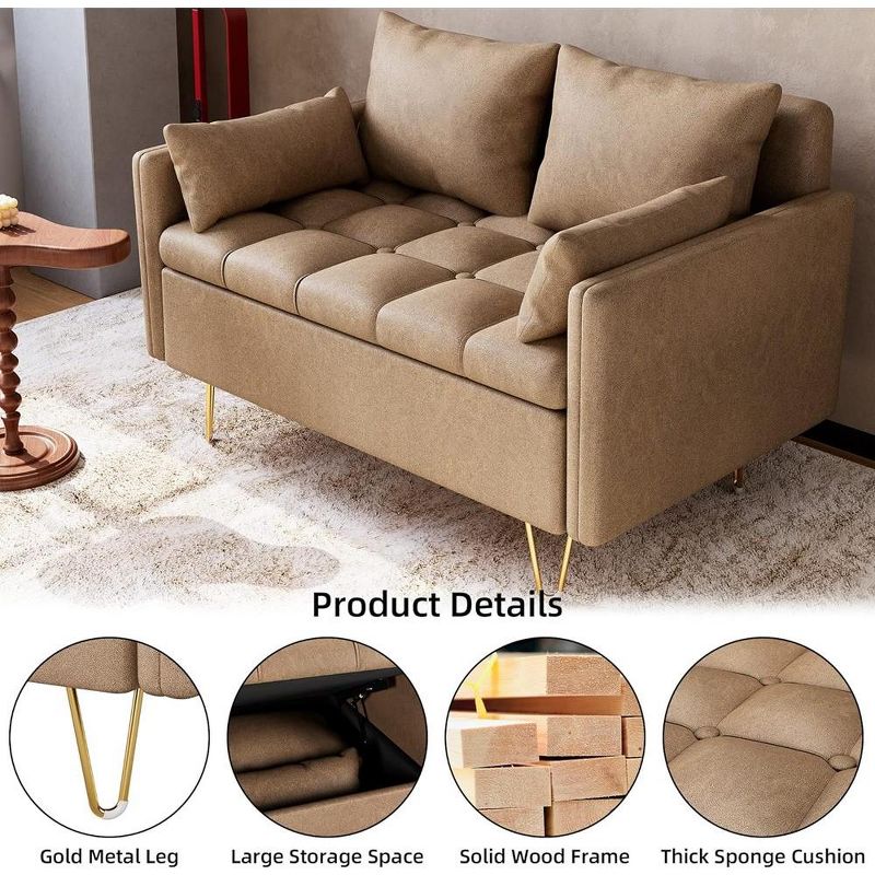 Sofa, 44.5 Inch Loveseat Modern, with Storage Under Seat Cushion, Leather 2 Seat Sofa with 4 Pillows, Small Spaces, Living Room, Bedroom, 3 of 7