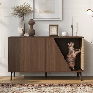 LOVSON Mid-Century Modern Furniture 2-in-1 Pet Cabinet Side Table Design with Spring Door Storage, Walnut - 1 of 4