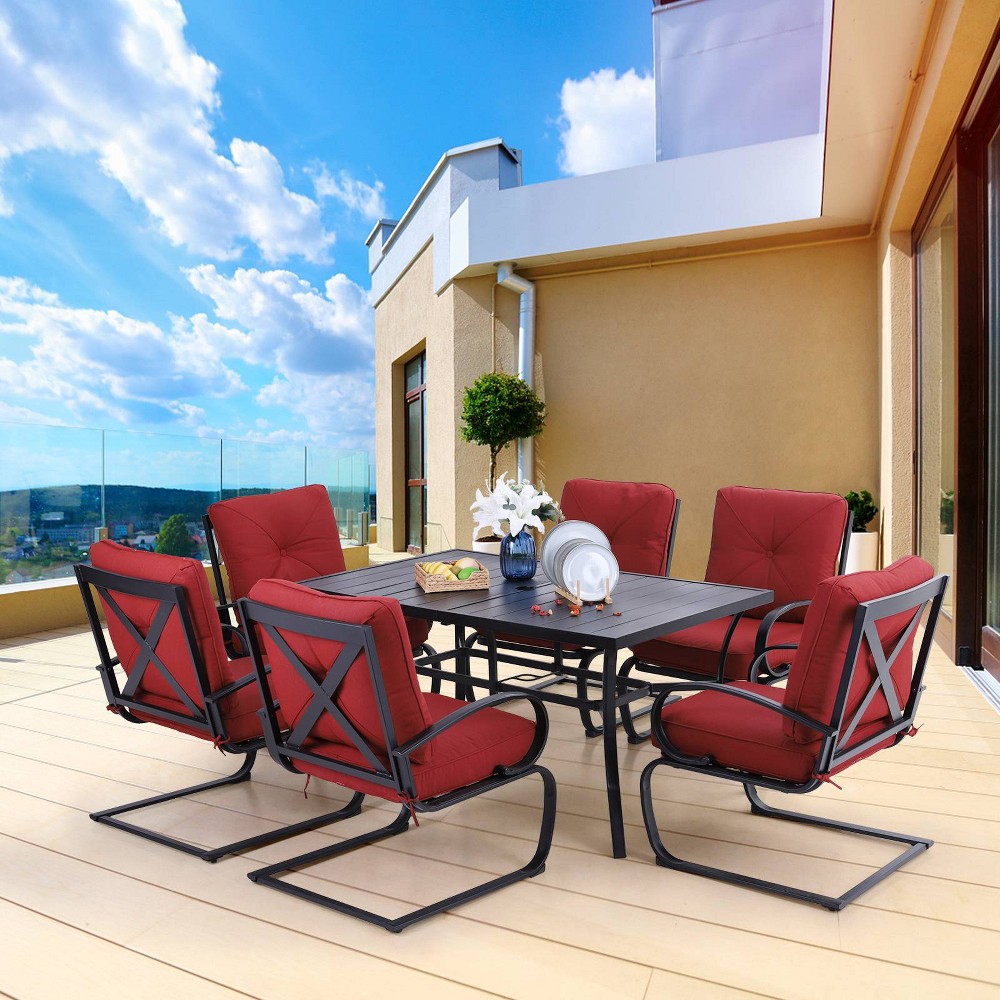7pc Patio Dining Set with Rectangle Table with 26 Umbrella Hole & C Spring Padded Arm Chairs Red Captiva Designs