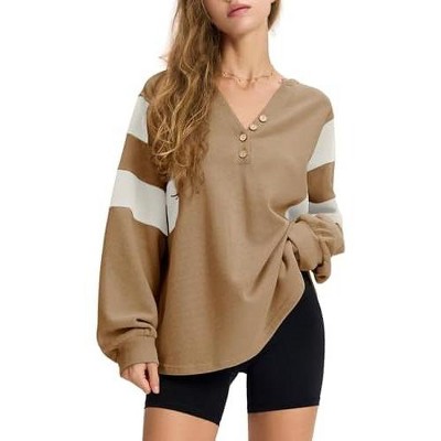EXLURA Women's Oversized V Neck Henley Shirt Patchwork Color Block Sweatshirt Long Sleeve Button Pullover Tunic Tops