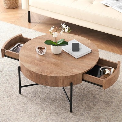 Round Coffee Table Solid Wood Center Table with Two Drawers Farmhouse Circle Coffee Table Living Room Rustic Cocktail Table ,Natural